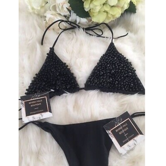 NEW! PEARL BIKINI BLACK SWIMSUIT 2 PIECE SET THONG - Picture 5 of 12
